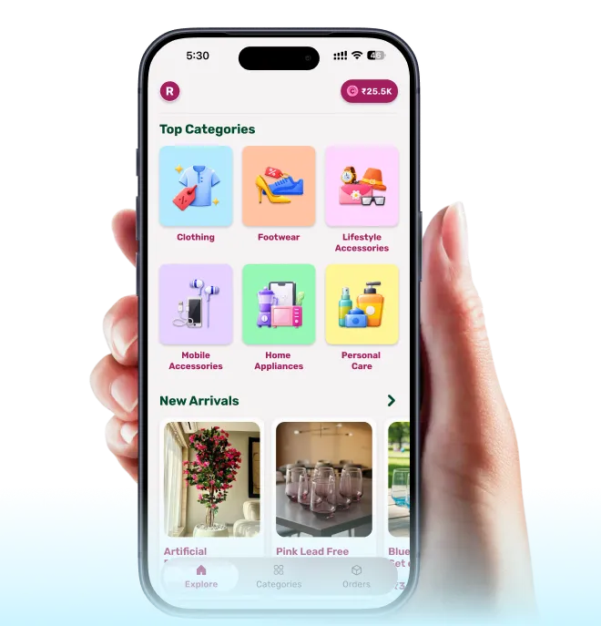Hand holding a phone showing the Cherry shopping app home screen